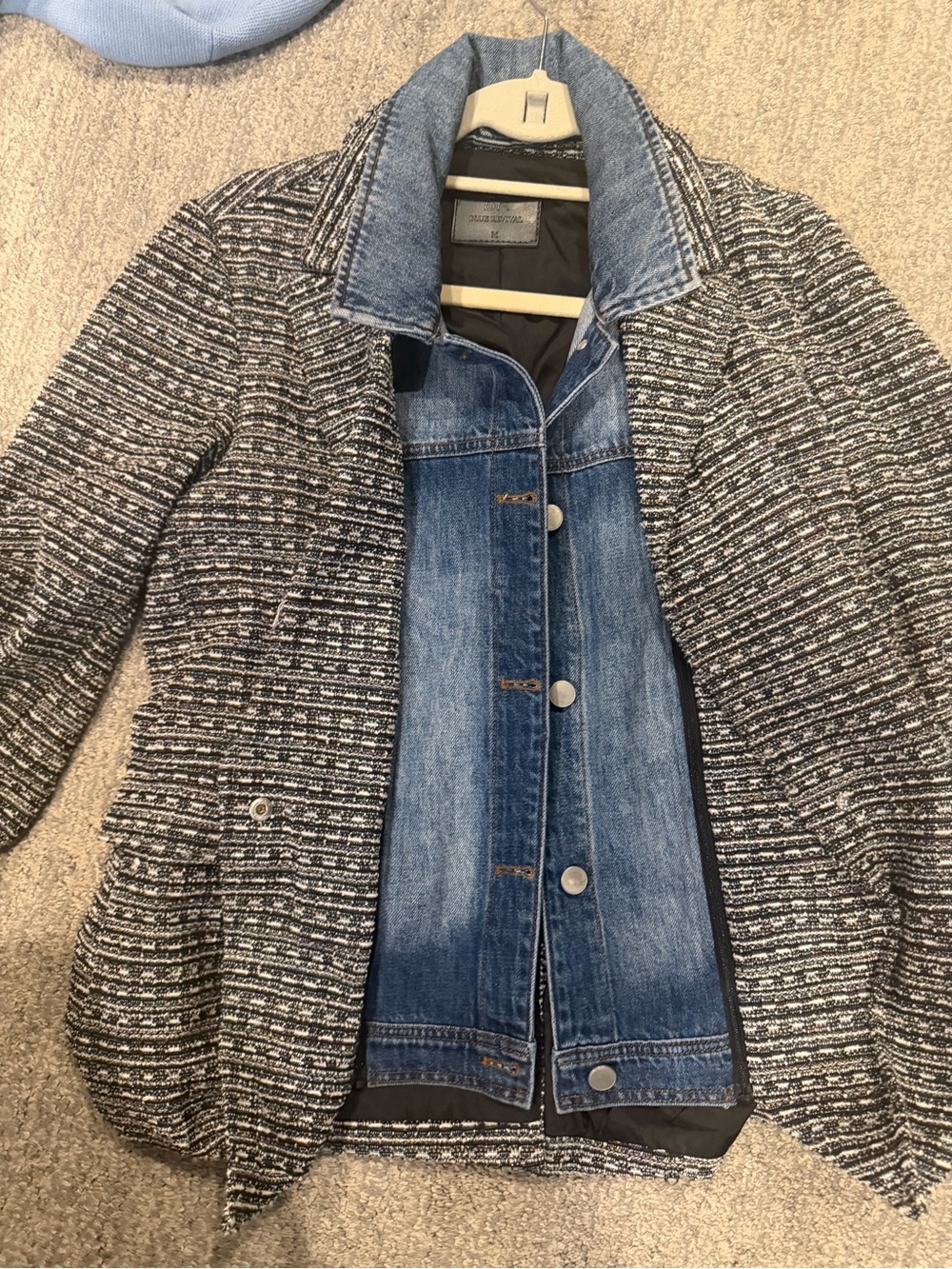 Tweed Blazer with Denim-Trim Collar - Gray/Black
